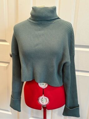 Forever 21 Cropped Ribbed Turtleneck Sweater in Slate Green